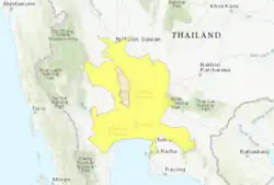 Distribución geográfica del labeo bicolor según la UICN (2012). Beige indica «Existente» y amarillo indica «Probablemente existente» (estacionalidad incierta para ambos).[2]​
