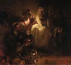 La representación de Rembrandt de 1660 de Negación de Pedro. Jesús, en la esquina superior derecha, está en casa del sumo sacerdote, con las manos atadas a la espalda, y se vuelve para mirar a Pedro.