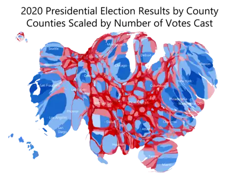 Un cartograma continuo a nivel de condado de &nbsp;de los Estados Unidos de 2020