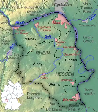 Topografía y divisiones administrativas del Hesse Renano.