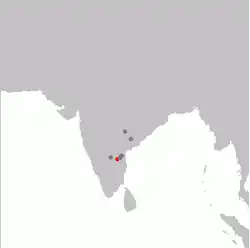Registros de la zona antiguamente habitada por la especie en gris y distribución actual en rojo.