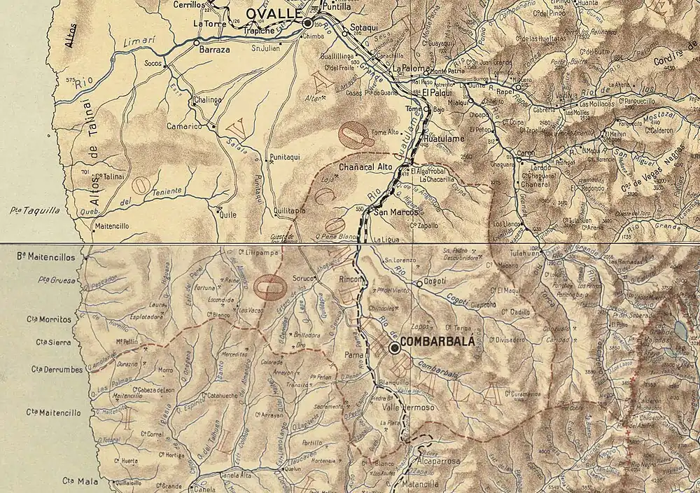 Cuenca del río Grande del Limarí en un compuesto de dos mapas de Luis Risopatrón de 1910. El río en nombrado como una quebrada por Luis Risopatrón en su mapa geográfico de 1910