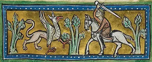 Detalle de una miniatura del bestiario Rochester, que ilustra a un caballero enfrentándose con un grifo.