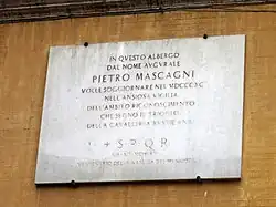 Placa dedicada a Mascagni en el Albergo del Sole, Piazza della Rotonda, Roma