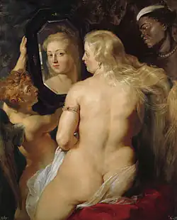 Venus en el espejo de Pedro Pablo Rubens, h. 1614–15. Como en la Venus de Velázquez, la imagen reflejada de la diosa no coincide con la porción de su cara visible en el lienzo.