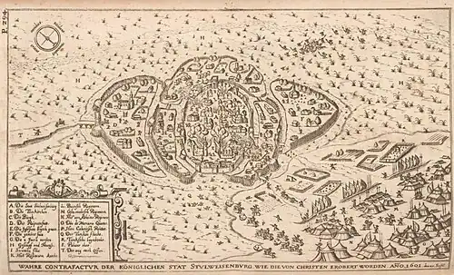 Johan Sibmacher: “Verdadera imagen de la ciudad real de Stu(h)lweis(s)enburg (Székesfehérvár), como fue conquistada por los cristianos, año 1601” —la basílica y otros edificios ardiendo