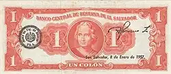 Anverso Billete de un Colon Salvadoreño 1956