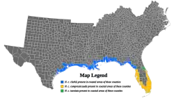 alt=La Nerodia clarkii reside en zonas costeras de condados sombreados. Serpiente de las marismas del Golfo en azul Serpiente de marisma salada en amarillo Serpiente de las marismas saladas del Atlántico en verde