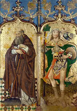 San Antonio y San Cristóbal, detalle del retablo mayor de la iglesia de San Benito de Calatrava (Sevilla), del taller de Juan Sánchez de Castro (ca. 1470).[60]​