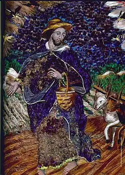 San Isidro labrador Mosaico de plumas (colibrí, canario y pato) y óleo sobre papel amate. Marco de caoba, carey y hueso esgrafiado con tinta negra; marco interior de palofierro y vidrio soplado