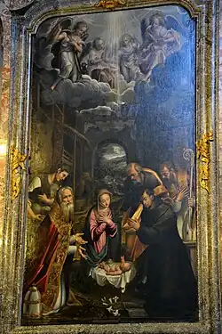 Simone Peterzano, Natividad con San Antonio, Giovanni XIV Canepanova e Ippolito de Rossi.