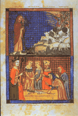 La zarza ardiente y la vara de Moisés transformándose en serpiente. Hagadá de Sarajevo, Barcelona, 1350.[37]​