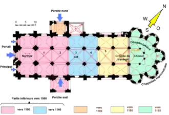 Planta con las diferentes fases de construcción. La nave comprende cinco tramos; no se indica: la fachada occidental y el campanario fueron restaurados en el siglo&nbsp;XIX. La cripta se remonta al siglo&nbsp;V.