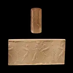 Combate mitológico: héroe amaestrando a dos demonios alados.