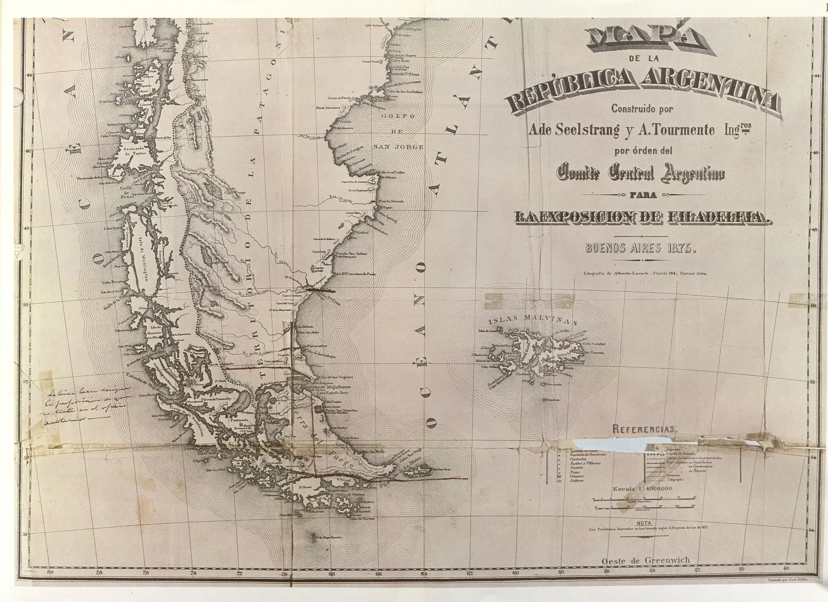 Sección de un mapa elaborado en 1875 por Seelstrang y Tourmente para la Exposición Universal de Filadelfia de 1876.
