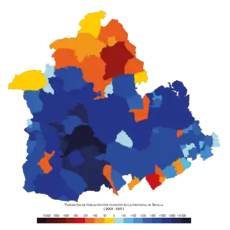 Crecimiento de la población de los municipios de Sevilla entre 2001 y 2011
