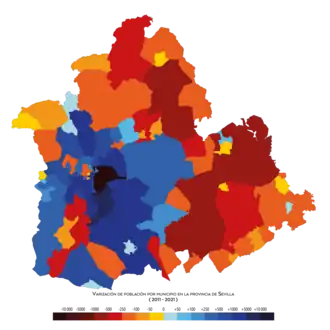 Crecimiento de la población de los municipios de Sevilla entre 2011 y 2021
