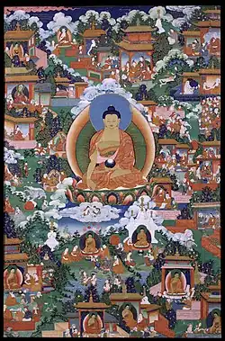 Buda Shakyamuni con escenas de leyendas Avadana, Tibet, siglo XIX.