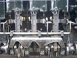 Motor de la locomotora Shay construida por Lima Locomotive Works (n/s 3320 de 1928). La locomotora todavía está en funcionamiento en el Ferrocarril Panorámico de Cass State Park, como Cass Scenic No. 2