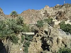 The falaj at Wadi Shees channels water from a nearby pool to the fields in the village