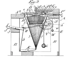 Vista lateral de una máquina de escribir en la que se aprecian las conexiones y los componentes internos. Un cable va desde el teclado de dos hileras hasta una palanca situada en la parte inferior del aparato, desde donde otro cable sube hasta una cesta formada por las barras tipográficas. Varios engranajes y contrapesos están situados hacia la parte trasera de la máquina.