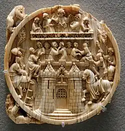 Asalto al Castillo del Amor, caja de espejo de marfil, 1340-60, Francia.
