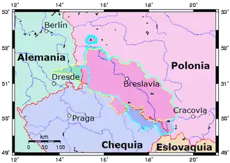 La Silesia histórica superpuesta con las fronteras actuales: la medieval (rosa obscuro), la bohemia premoderna (violeta claro), la provincia de los Habsburgo (delimitación azul) y la Silesia prusiana (frontera amarilla).