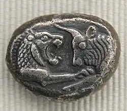 Creseida de plata. Moneda emitida por el rey Creso de Lidia, siglo VI a. C.