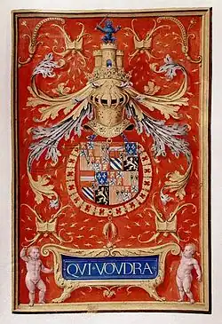 Ilustración de Simon Bening con el escudo Felipe el Hermoso, adornado con la cimera castellana.
