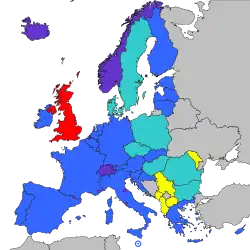      Eurozona     Otros miembros de la UE     Otros miembros del Espacio Económico Europeo, y Suiza     Micro-Estados participantes en la SEPA     Reino Unido (Permanece en la SEPA después del Brexit)[1]​     Candidatos a miembros de la UE participantes en la SEPA