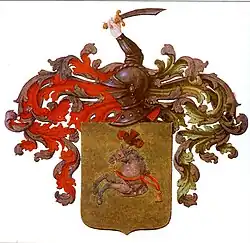 Yelmo occidental cerrado: escudo de armas de la familia Skarnykove (Скорняковы en idioma ruso).