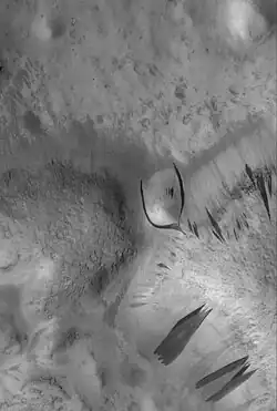 D. Marcas oscuras de talud en Phlegra Dorsa (fotografía MOC). La marca próxima al centro de la imagen se ha desviado alrededor de una pequeña elevación. La imagen abarca aproximadamente 3&nbsp;km de ancho.