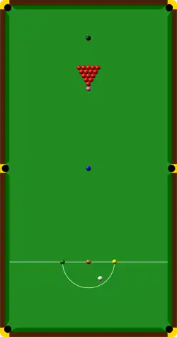 Una imagen generada por ordenador de una mesa de snooker vista desde arriba; está dibujada a escala, con las bolas colocadas en la posición inicial