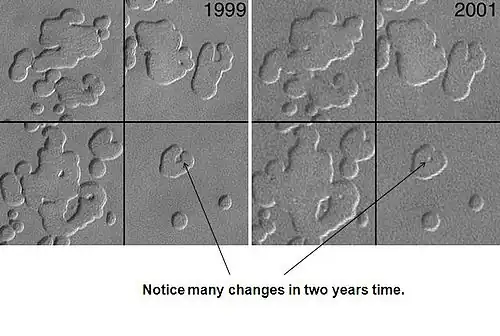 Cambios en la superficie del polo sur de 1999 a 2001, según lo visto por Mars Global Surveyor .