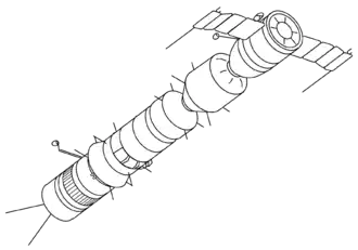 Diseño teórico de la Soyuz A-B-C. El dibujo muestra la Soyuz-A (derecha), Soyuz-B, y Soyuz-C (izquierda)