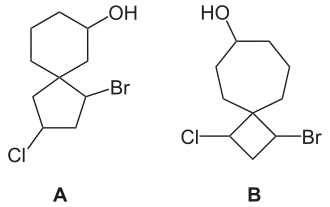 A: 1-Bromo-3-Cloro-Espiro[4.5]-decan-7-ol B: 1-Bromo-3-Cloro-Espiro[3.6]-decan-7-ol