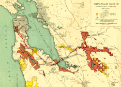 Map showing the San Francisco Bay area. Areas to the south, east and west of the Bay are in red to denote owned locations and red lines show pipelines between areas.