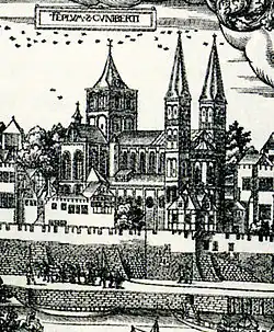 Detalle con la Basílica , 1531-57, grabado en madera "Grandes vues de Cologne"