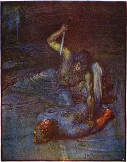 La bruja acuática intenta apuñalar a Beowulf en una ilustración de J. R. Skelton, 1908.