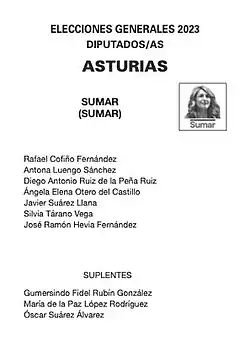 Papeleta electoral de Sumar en Asturias durante las elecciones generales de 2023