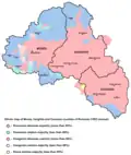 Mapa étnico Harghita, Covasna, y Mureș basado en datos de 1992, mostrando las áreas de mayoría sícula
