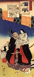 El ministro Takeuchi cargando al infante Emperador Ōjin. Impresión de Utagawa Kuniyoshi