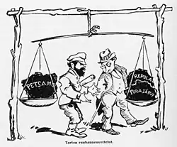 Una caricatura publicada en la revista Kurikka el 30 de septiembre de 1920, muestra el precio del corredor finlandés al Océano Ártico por Petsamo siendo pagado por las regiones de Repola y Porajärvi.