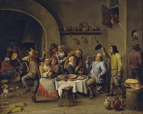 Pichel en la mano zurda del personaje de la derecha en el popular motivo El rey bebe, en la versión de David Teniers el Joven.(ca. 1655)