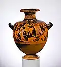 Hidria-calpis de figuras rojas; Poseidón y Amimone con Anfitrite, Afrodita, Dioniso, sátiros y ménades. Museo Metropolitano de Arte, 56.171.56, Nueva York.,c. 400–380 a.&nbsp;C.
