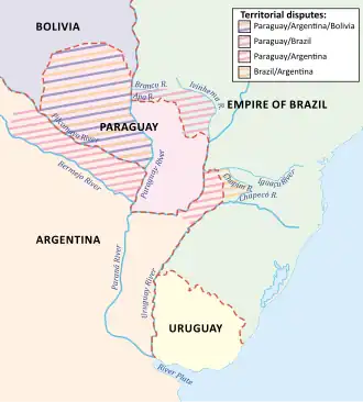 Mapa que muestra Uruguay y Paraguay en el centro, con Bolivia y Brasil al norte y Argentina al sur; las áreas sombreadas indican que la mitad occidental de Paraguay era reclamada por Bolivia, el norte de Argentina era disputado con Paraguay, y zonas del sur de Brasil eran reclamadas por Argentina y Paraguay
