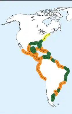 alt=Distribución de este taxón * ██: Residente, nidificante. * ██: Visitante estival, nidificante. * ██: Visitante invernal, no nidificante.