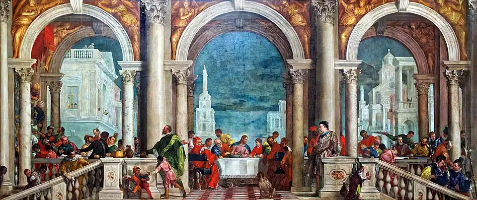 Cena en casa de Leví, del Veronés, 1573 (inicialmente una sagrada cena muy libremente tratada, que hubo que redenominar por cuestiones teológicas, en el contexto de la Contrarreforma).