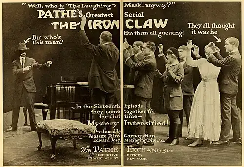 Un criminal enmascarado amenaza a Pearl White. Anuncio del serial estadounidense The Iron Claw (1916).