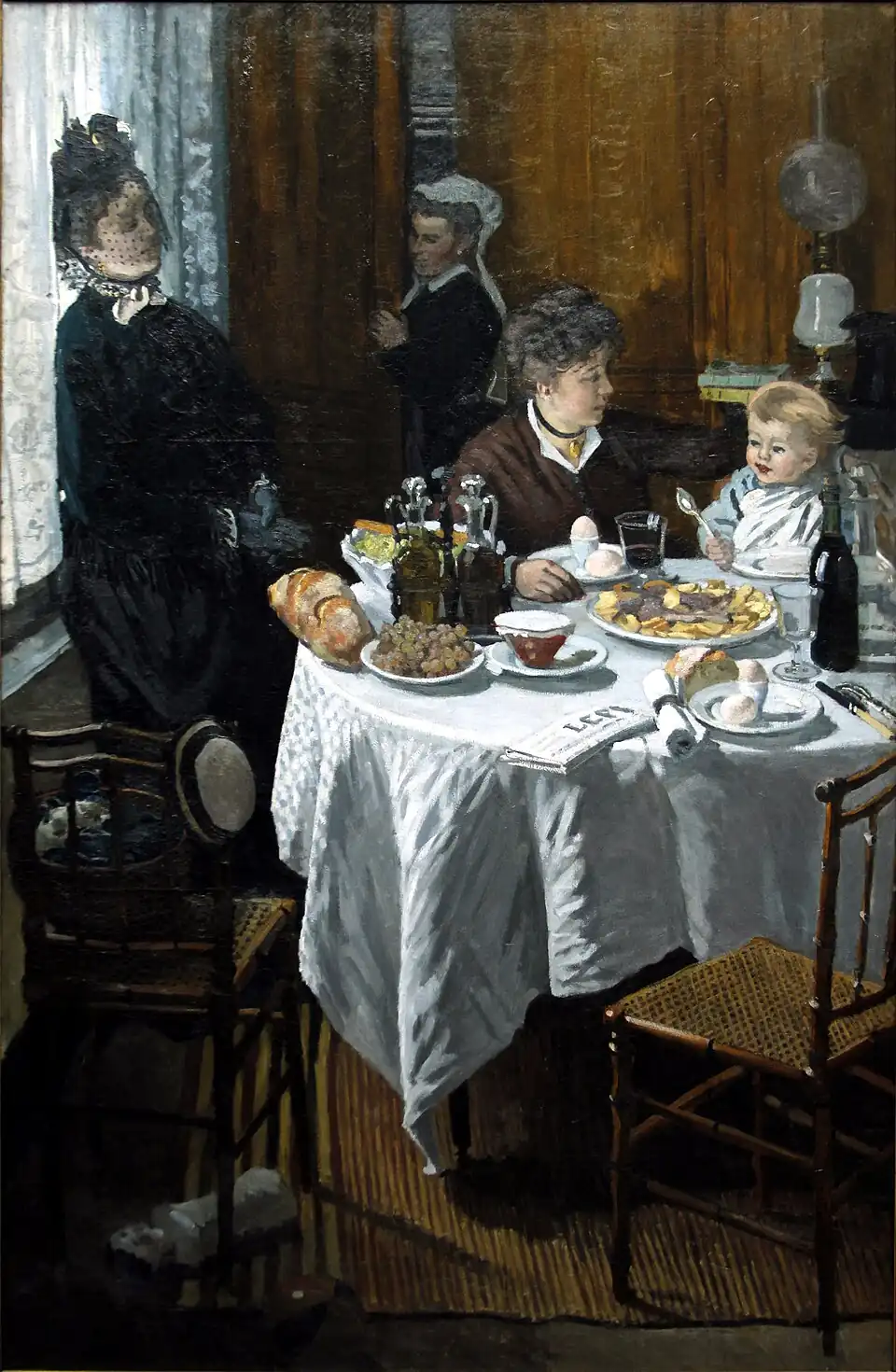 Claude Monet: El almuerzo (1868) (Detalle). En primer plano aparece una servilleta blanca con su servilletero